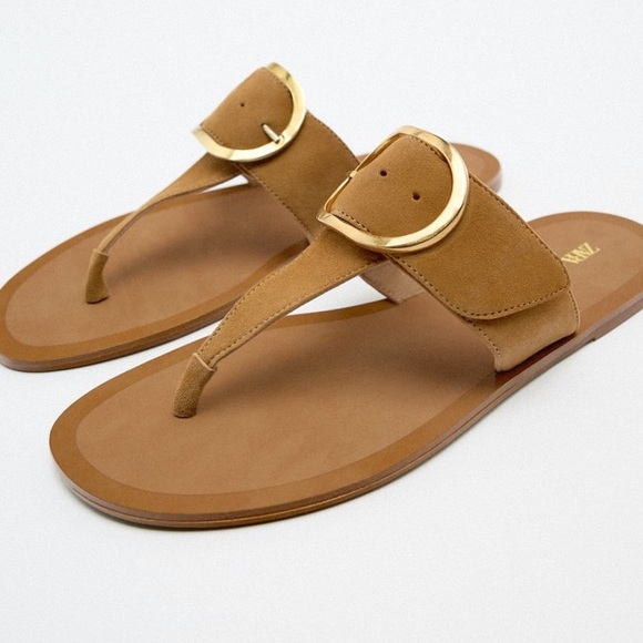 ZARA NEW WOMAN BUCKLED LEATHER FLAT THONG SANDALS EARTH BROWN 10/41 2605/010 - Picture 3 of 10